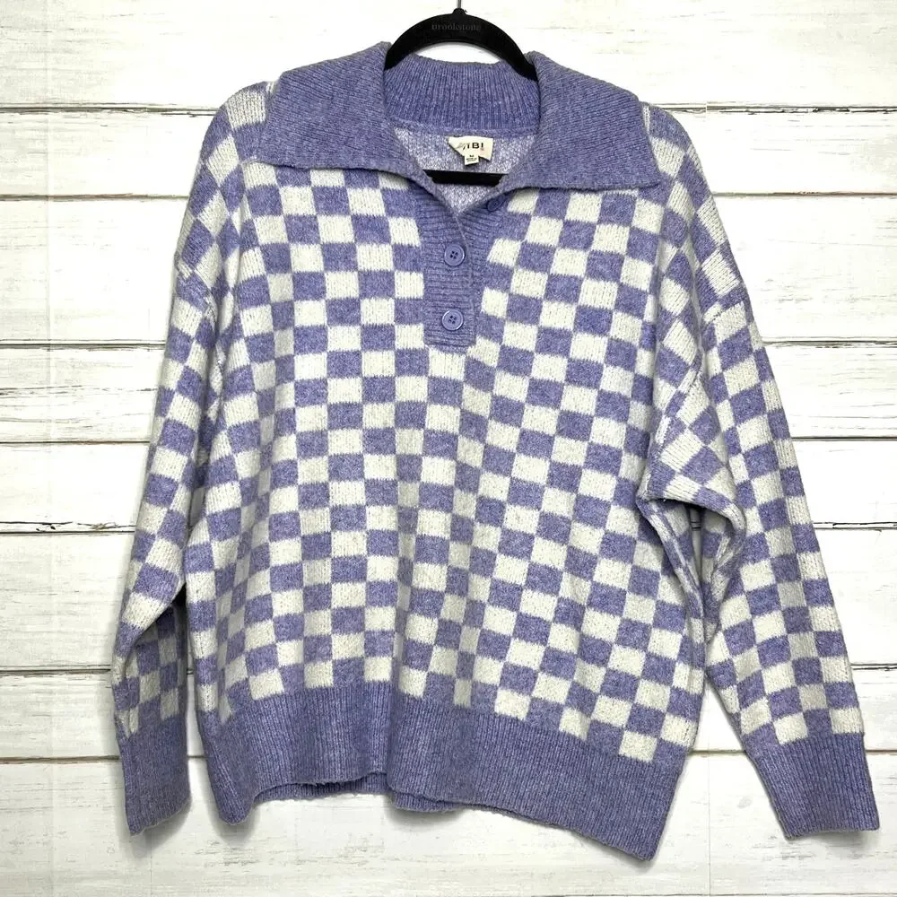Bibi Purple Checker Knit Pullover Sweater Size Medium Oversized Collared